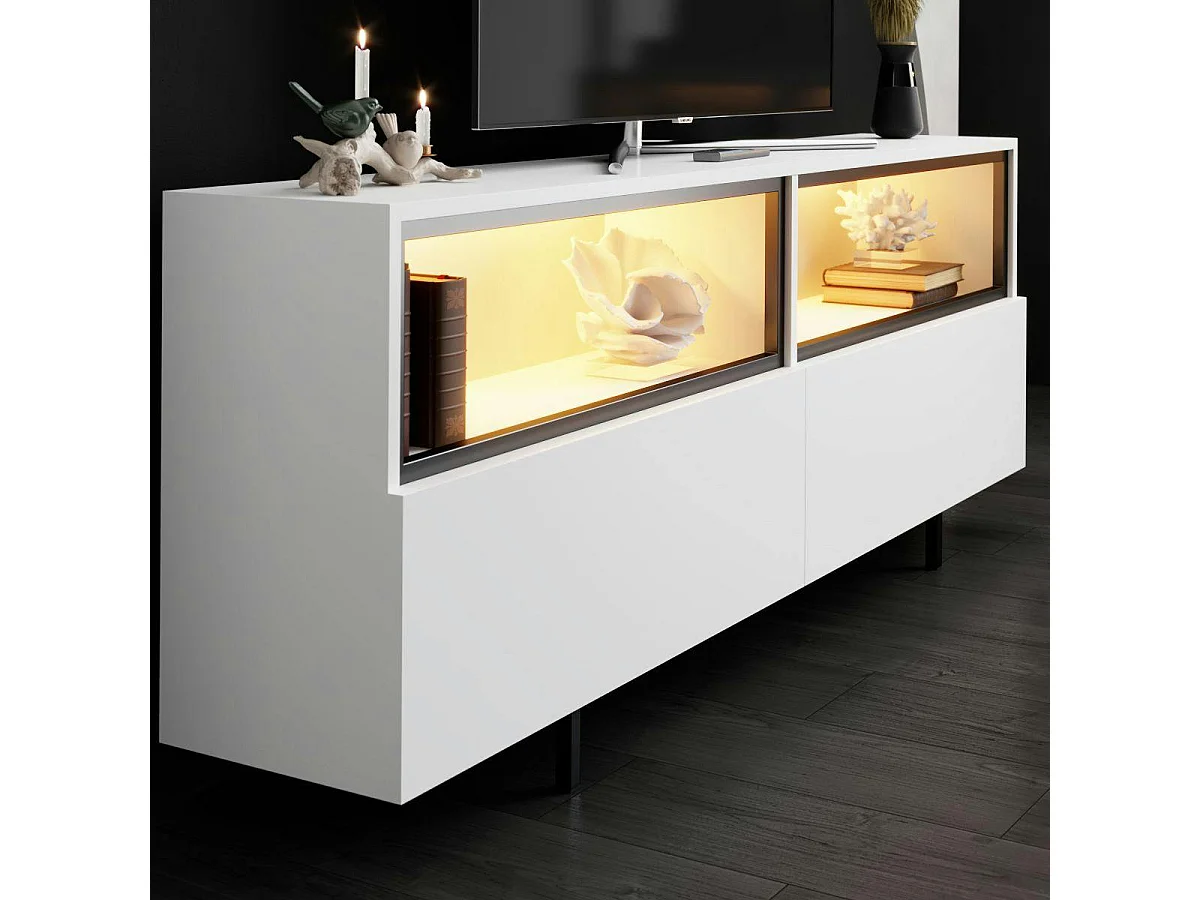 Meuble TV blanc 2 portes 2 niches hautes LED AURA