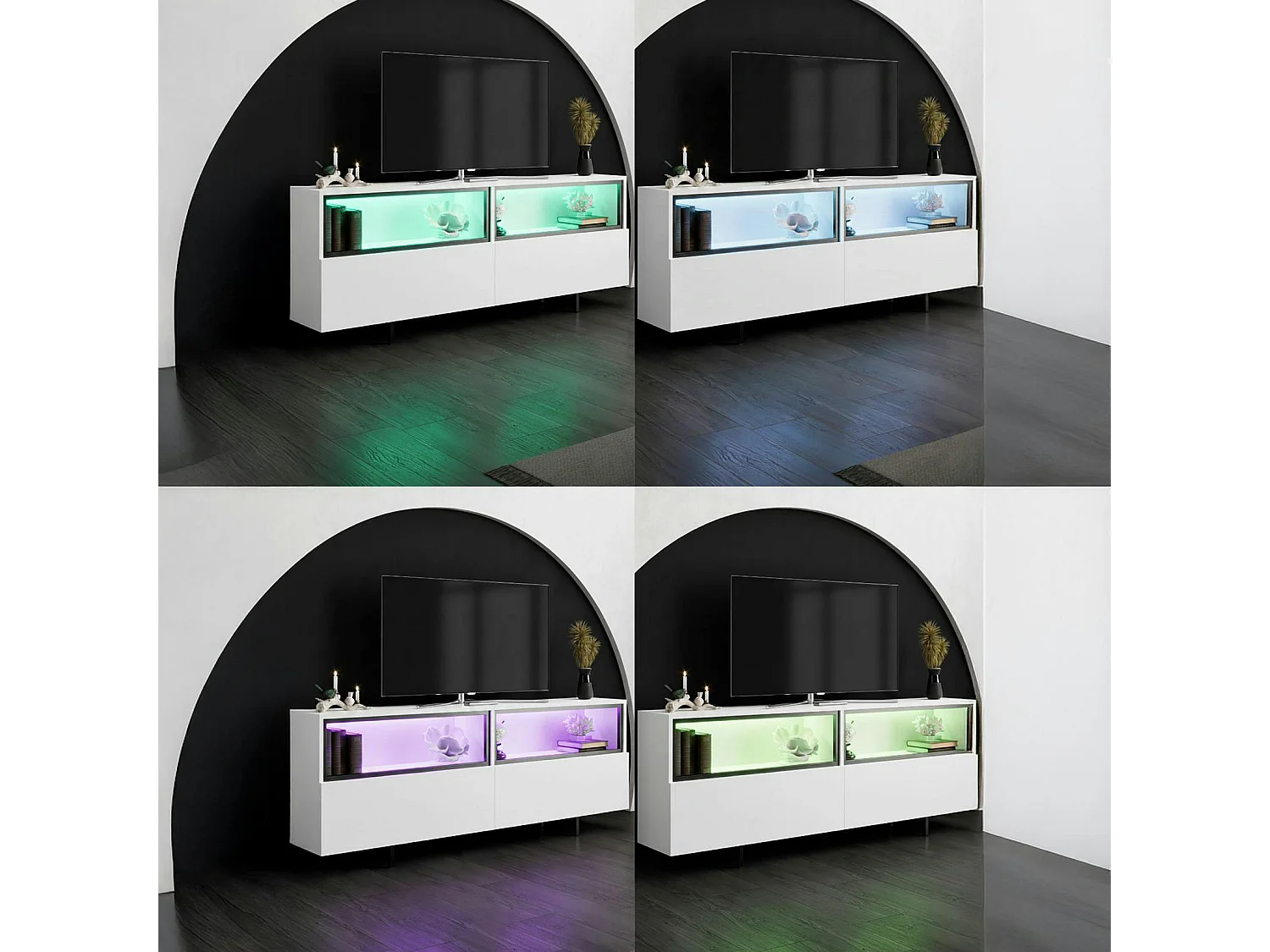 Meuble TV blanc 2 portes 2 niches hautes LED AURA