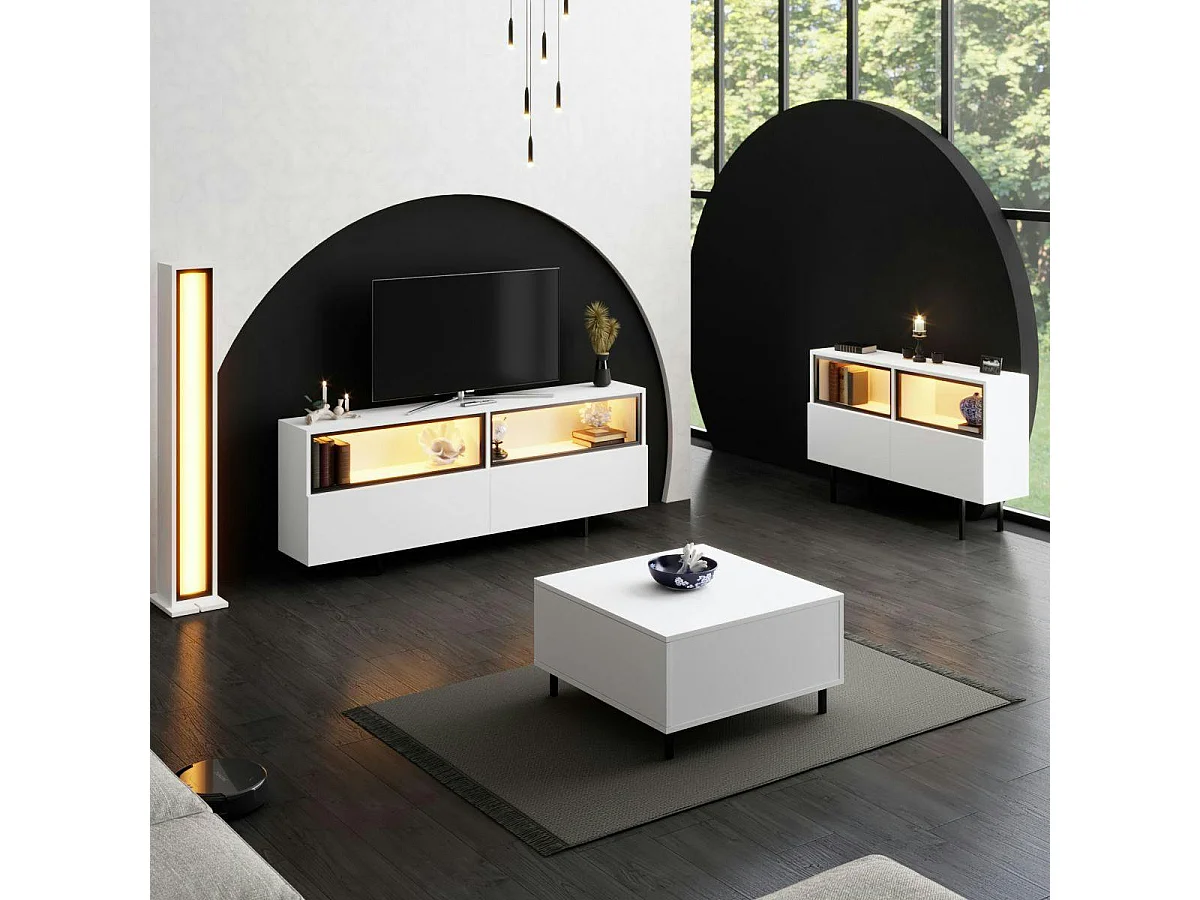 Meuble TV blanc 2 portes 2 niches hautes LED AURA