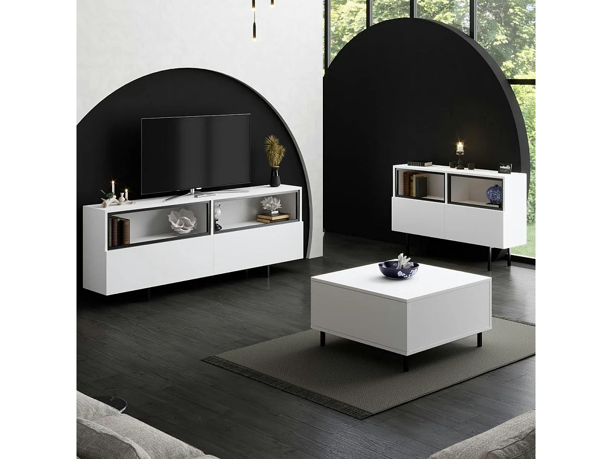 Meuble TV blanc 2 portes 2 niches hautes LED AURA