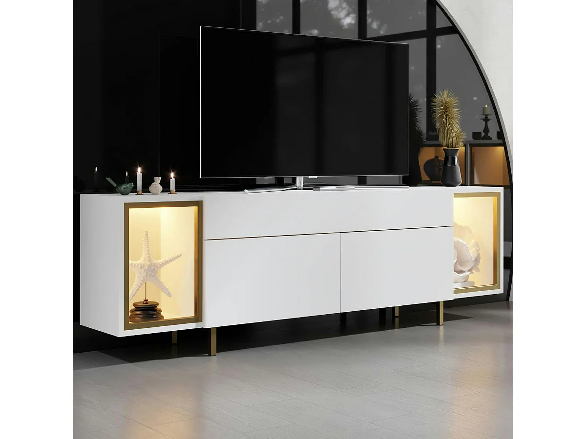 Meuble TV blanc et doré 2 portes 2 niches LED AURA