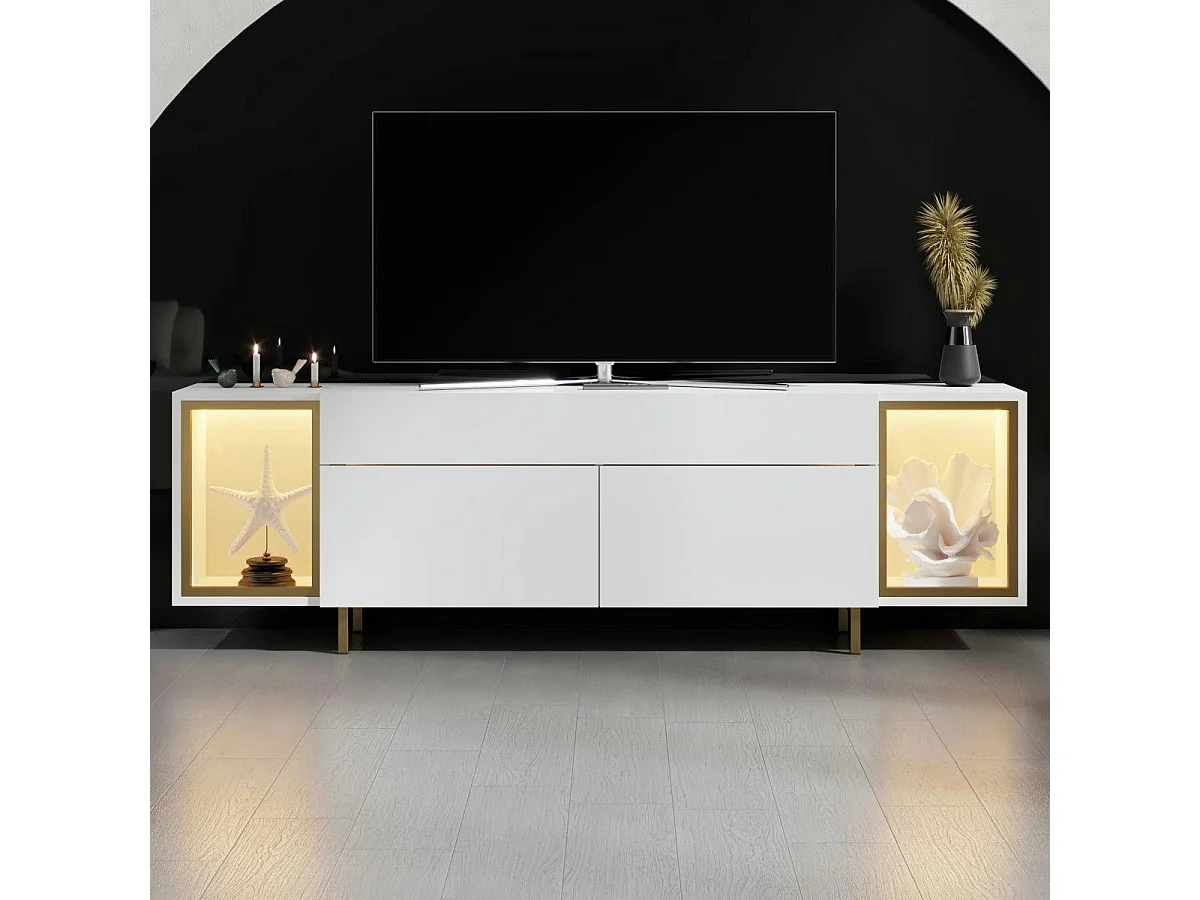 Meuble TV blanc et doré 2 portes 2 niches LED AURA