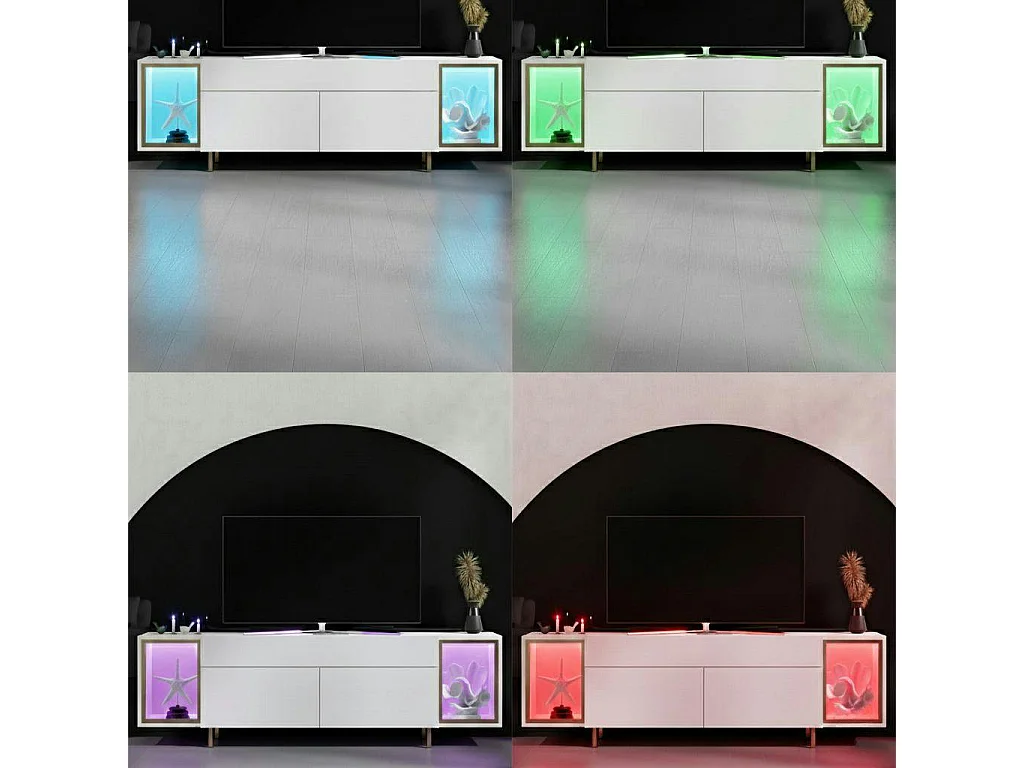 Meuble TV blanc et doré 2 portes 2 niches LED AURA