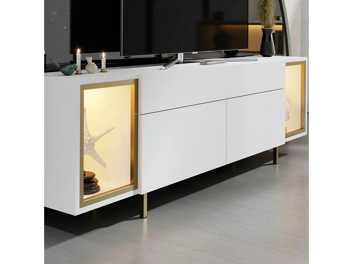 Meuble TV blanc et doré 2 portes 2 niches LED AURA