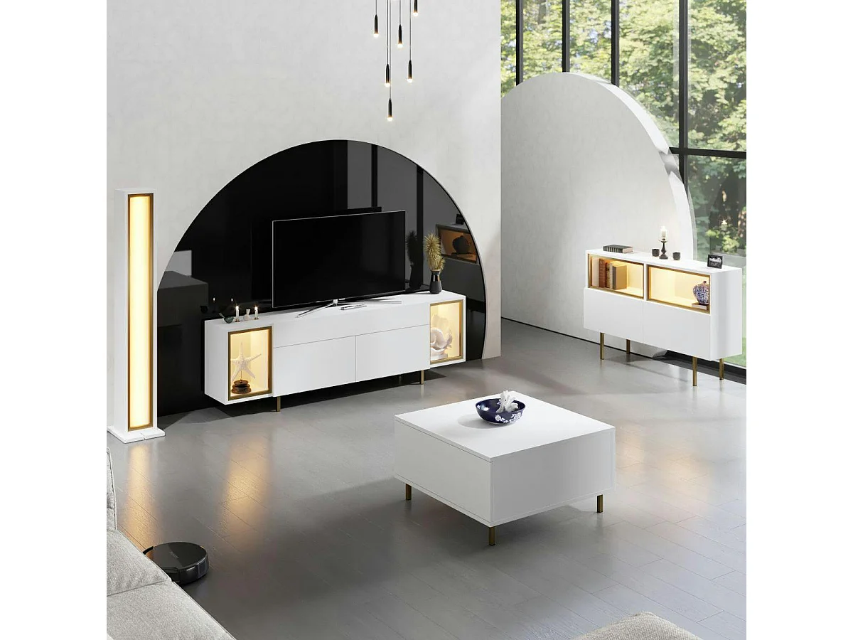 Meuble TV blanc et doré 2 portes 2 niches LED AURA