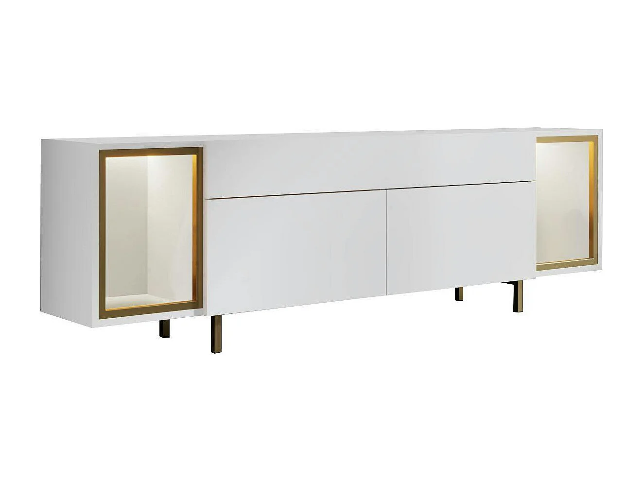 Meuble TV blanc et doré 2 portes 2 niches LED AURA