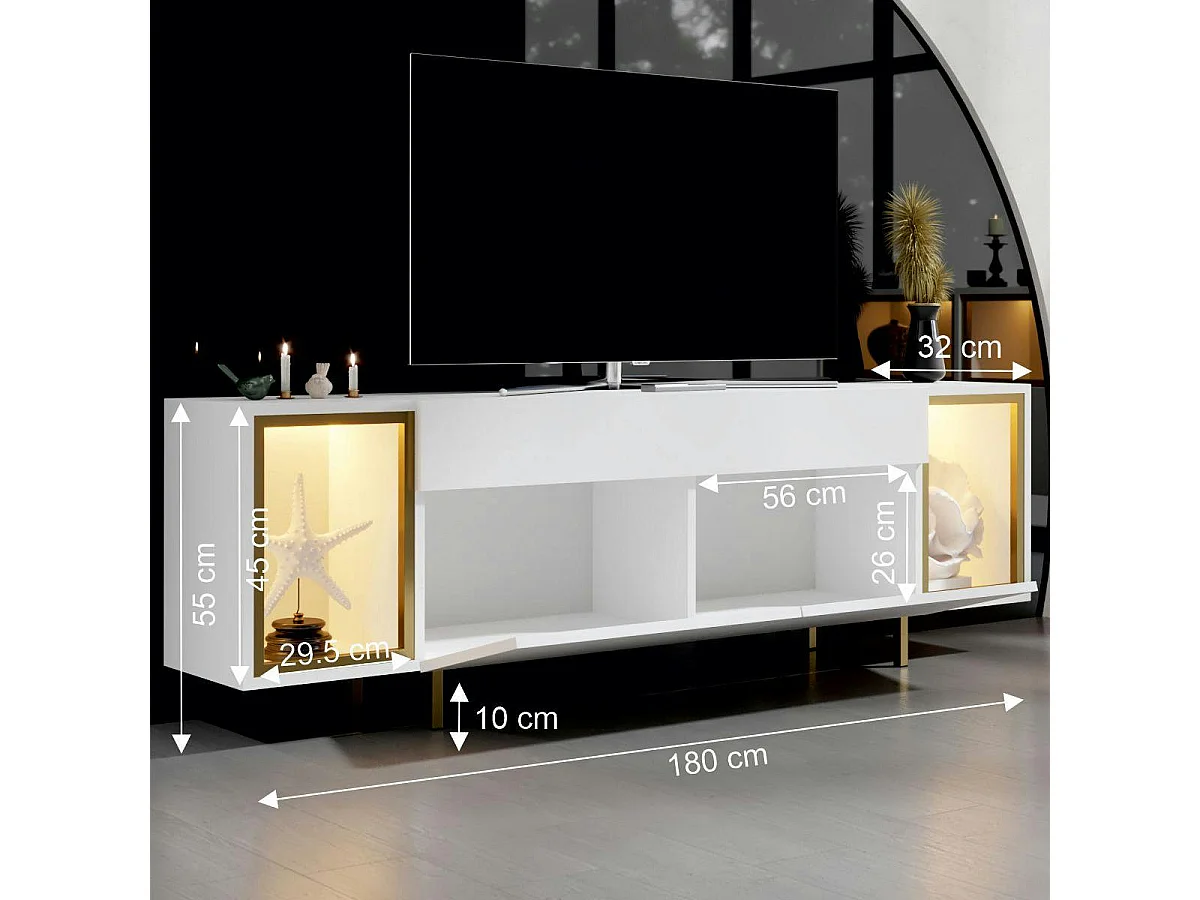 Meuble TV blanc et doré 2 portes 2 niches LED AURA