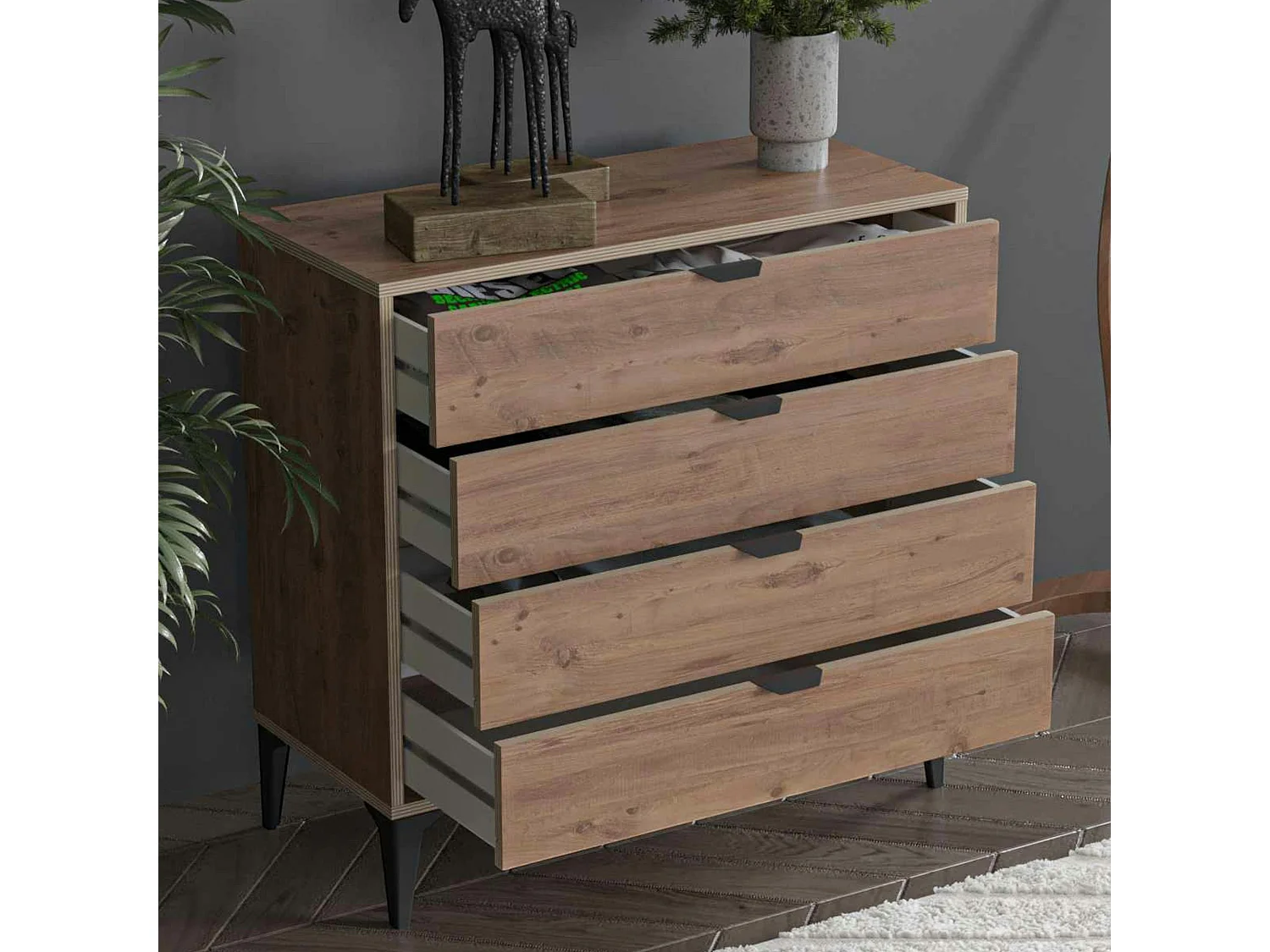 Commode 4 tiroirs décor pin moderne BYRON