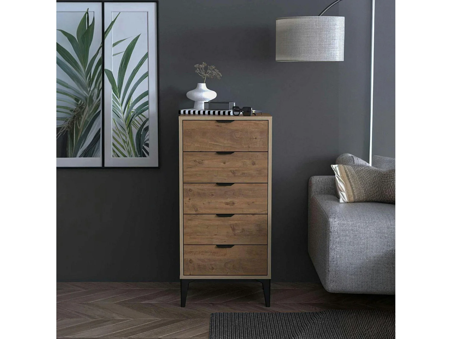 Commode étroite 5 tiroirs décor pin BYRON