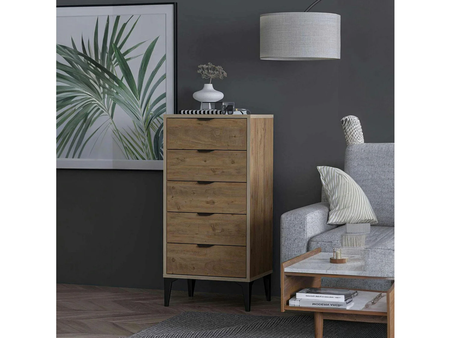 Commode étroite 5 tiroirs décor pin BYRON