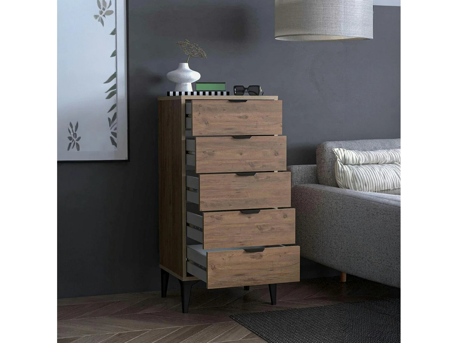 Commode étroite 5 tiroirs décor pin BYRON