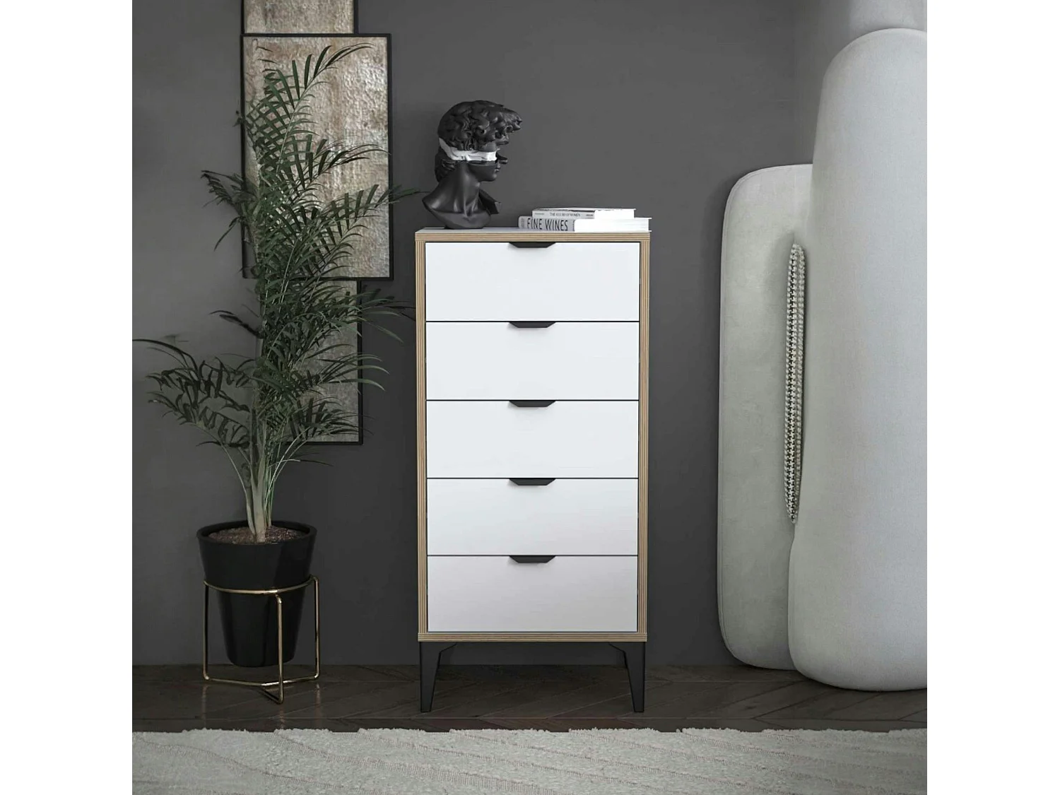 Commode étroite blanche 5 tiroirs BYRON