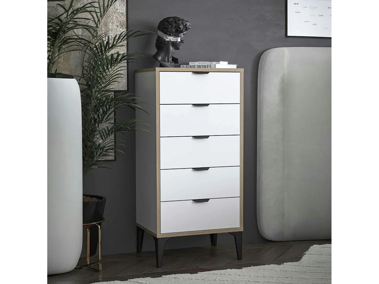 Commode étroite blanche 5 tiroirs BYRON