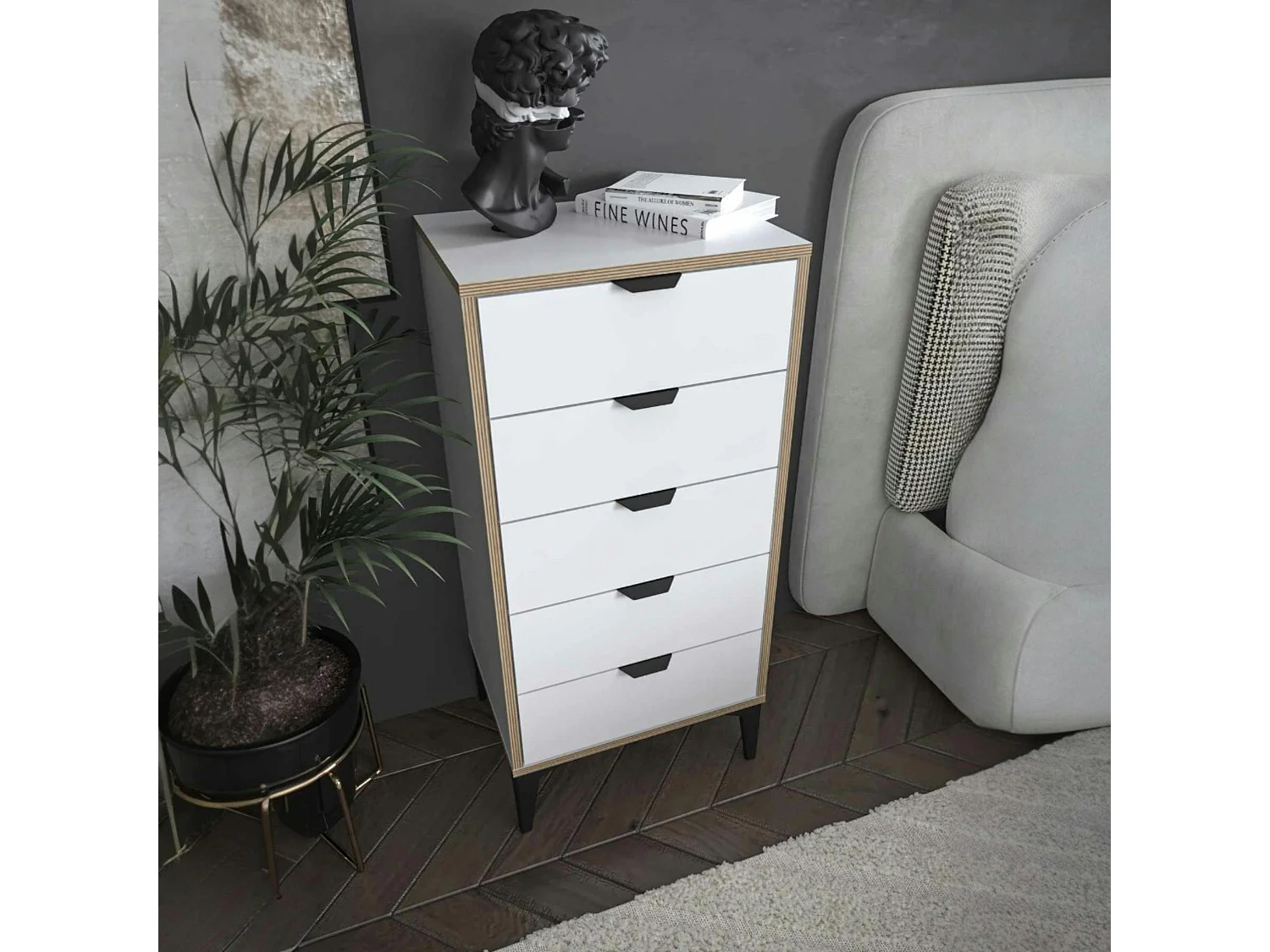 Commode étroite blanche 5 tiroirs BYRON