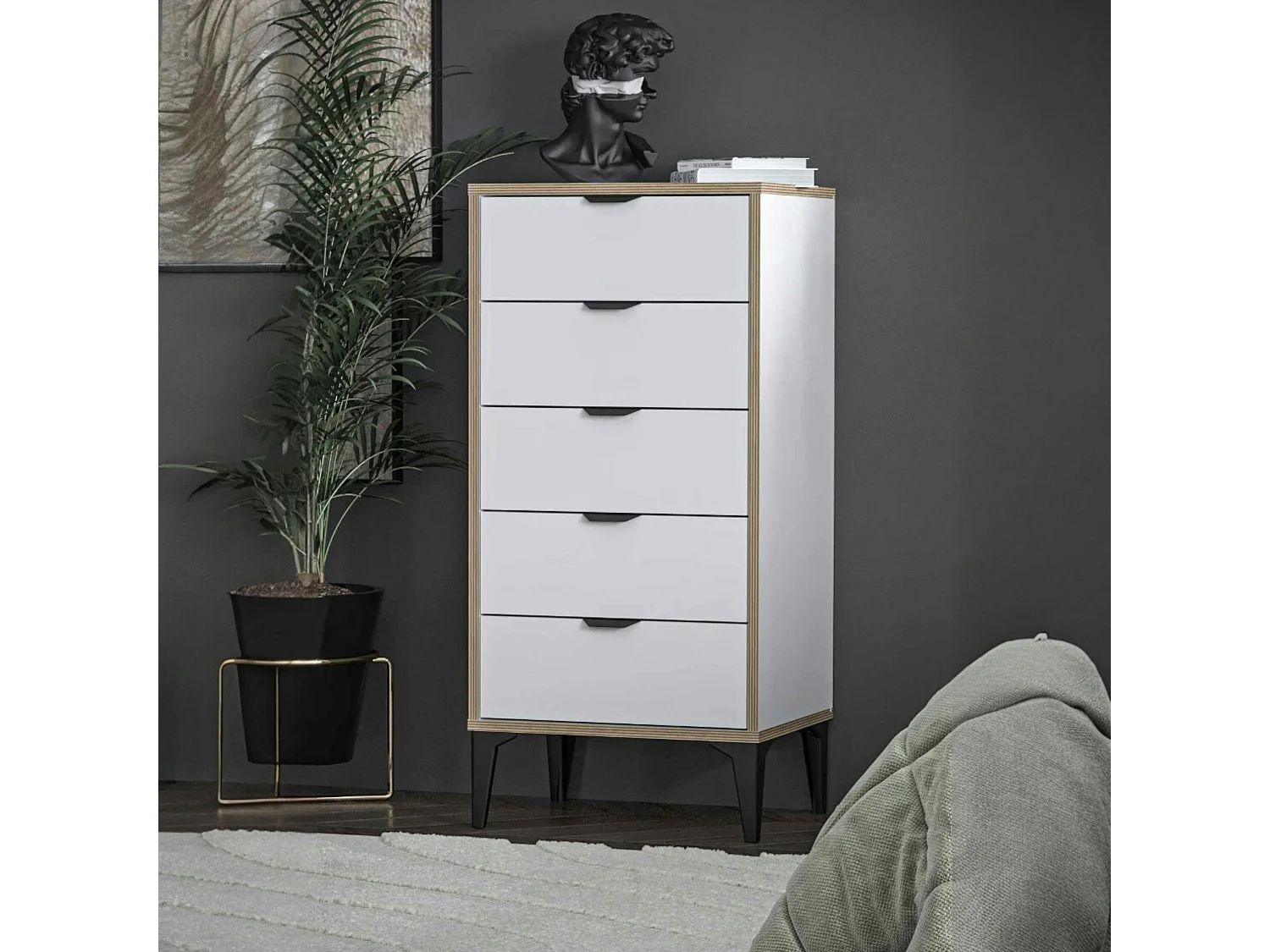 Commode étroite blanche 5 tiroirs BYRON