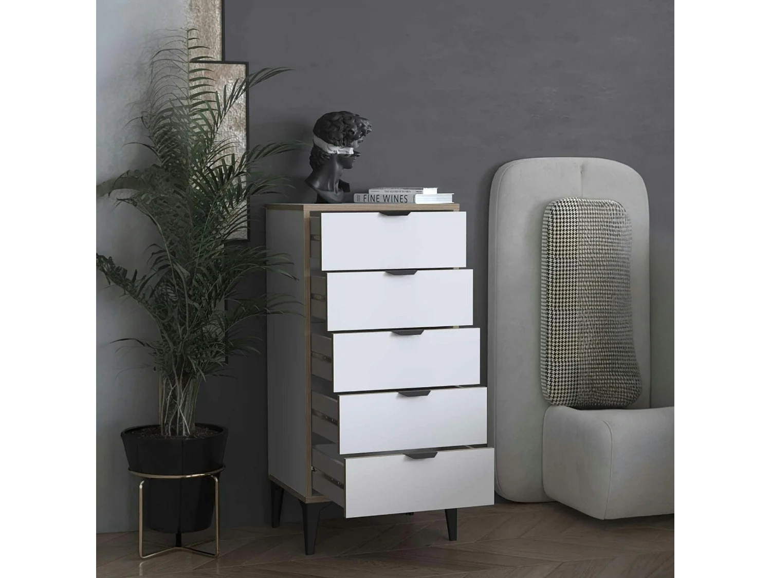 Commode étroite blanche 5 tiroirs BYRON