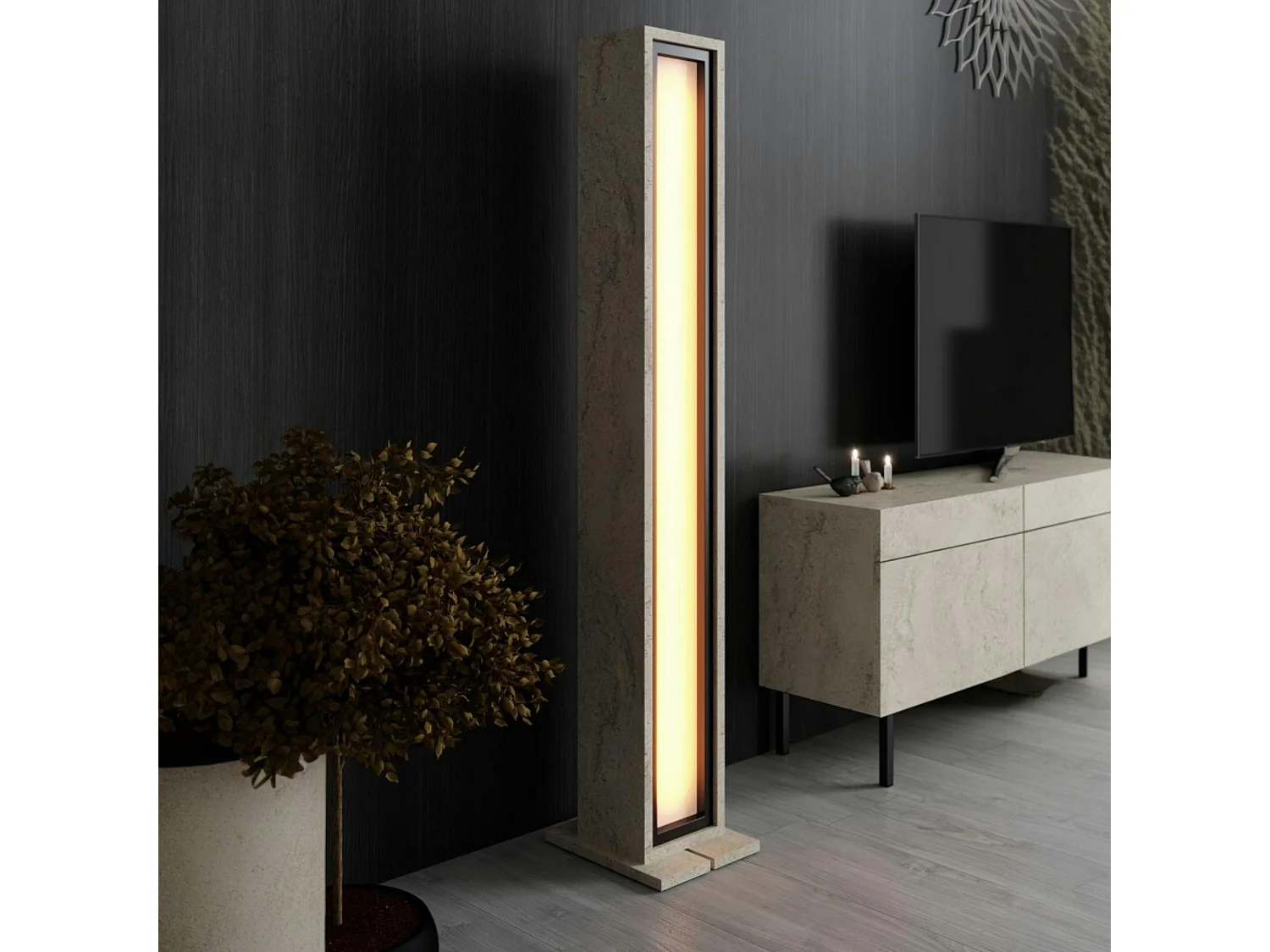 Lampadaire colonne LED décor travertin à télécommande AURA