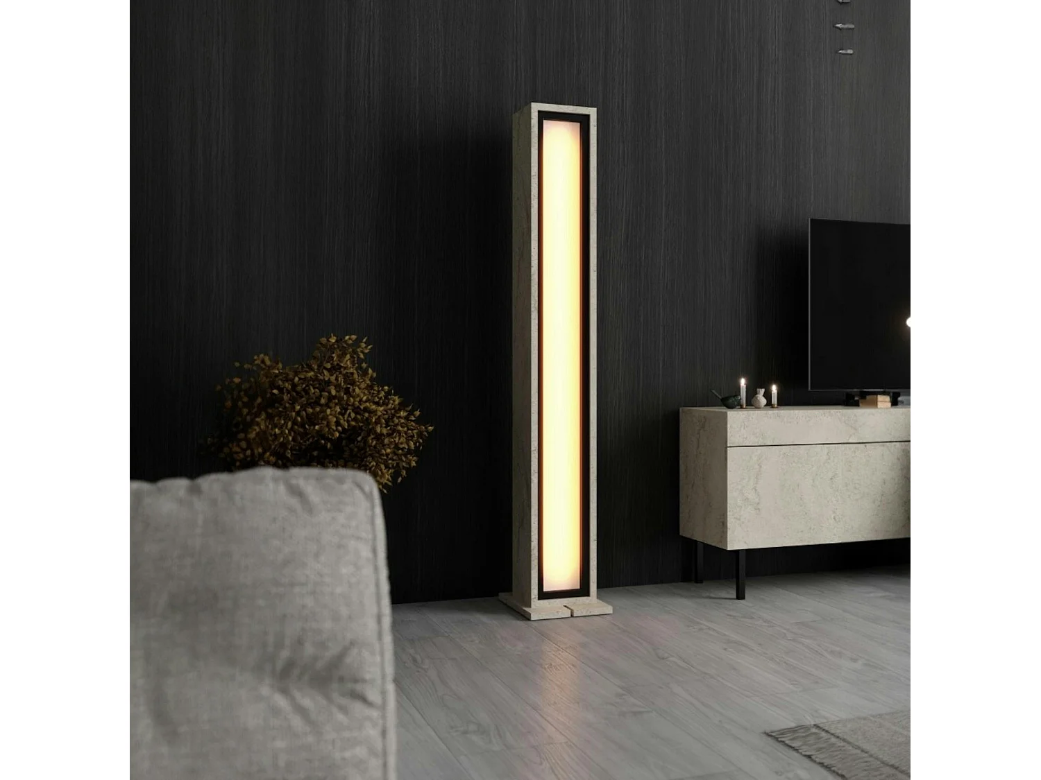 Lampadaire colonne LED décor travertin à télécommande AURA