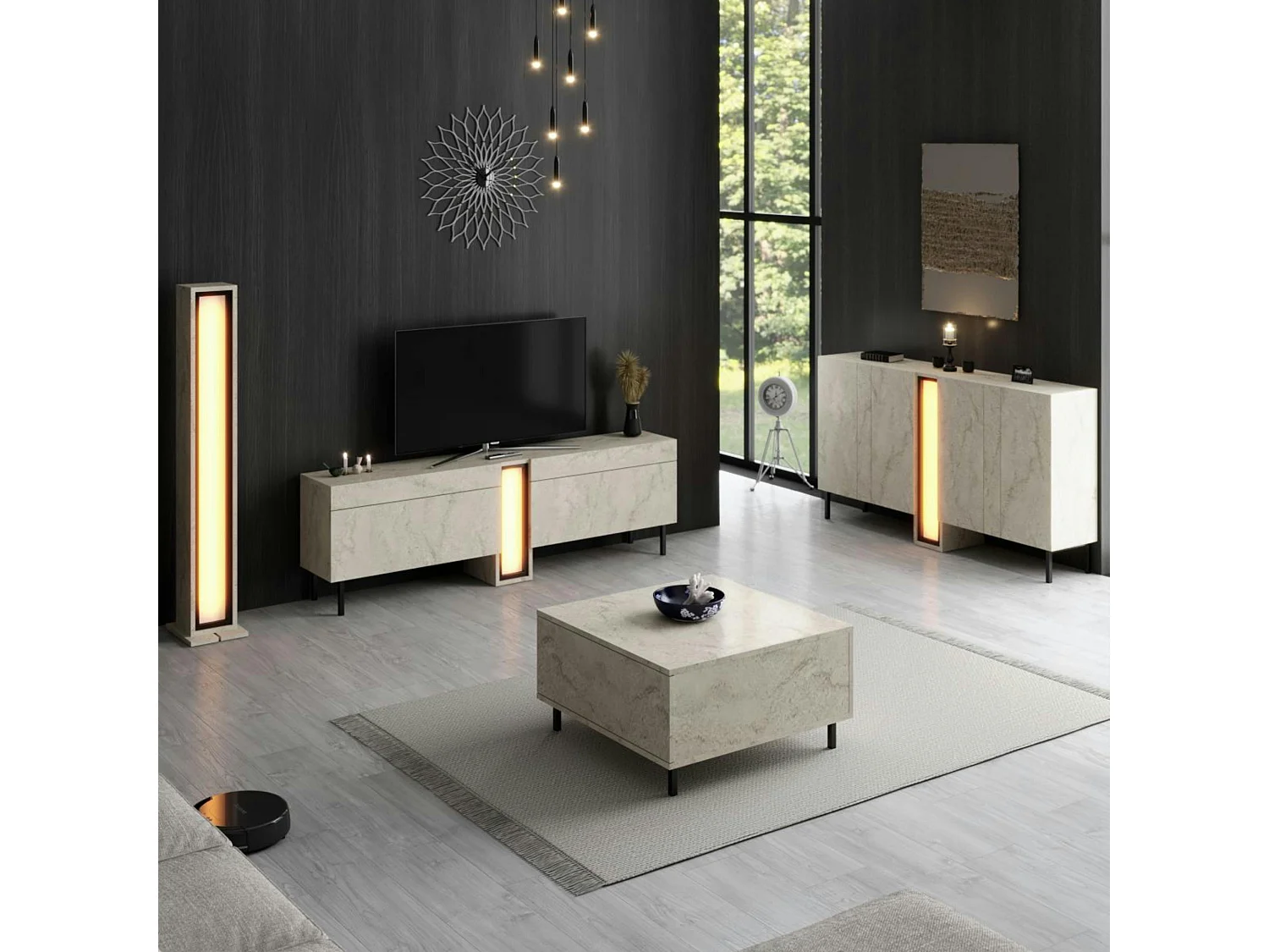 Lampadaire colonne LED décor travertin à télécommande AURA