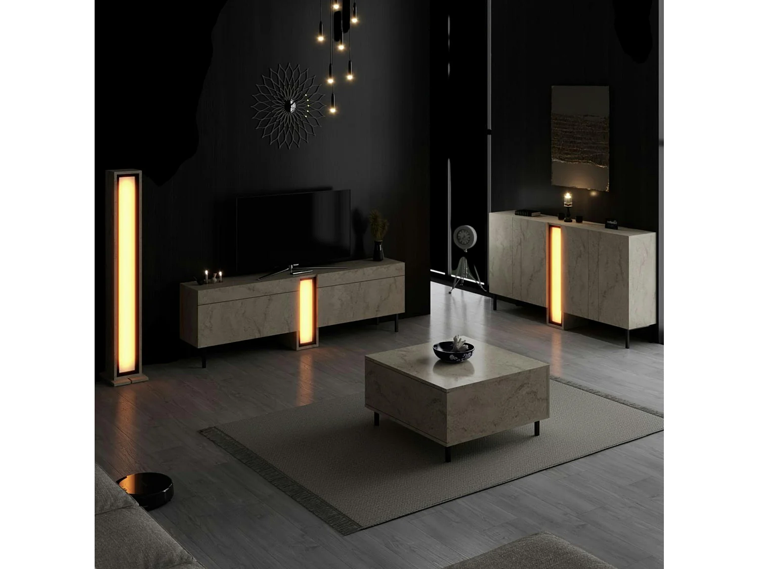 Lampadaire colonne LED décor travertin à télécommande AURA