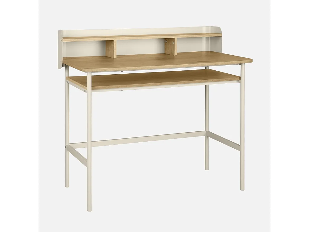 Escritorio de metal y decoración de madera con 3 nichos beige