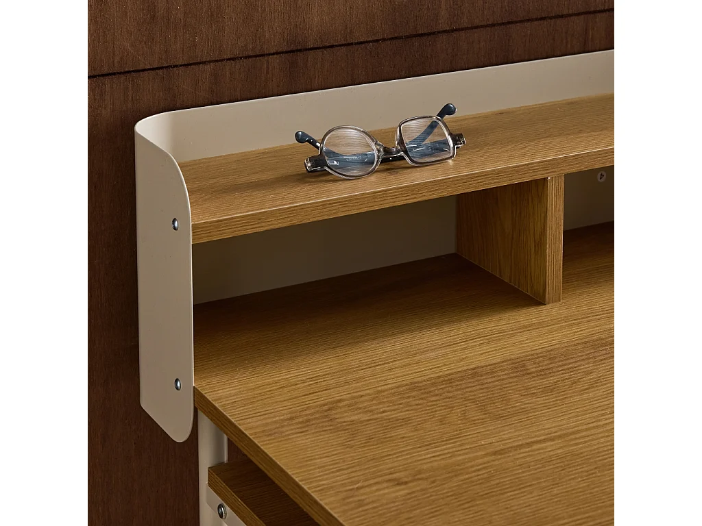 Escritorio de metal y decoración de madera con 3 nichos beige