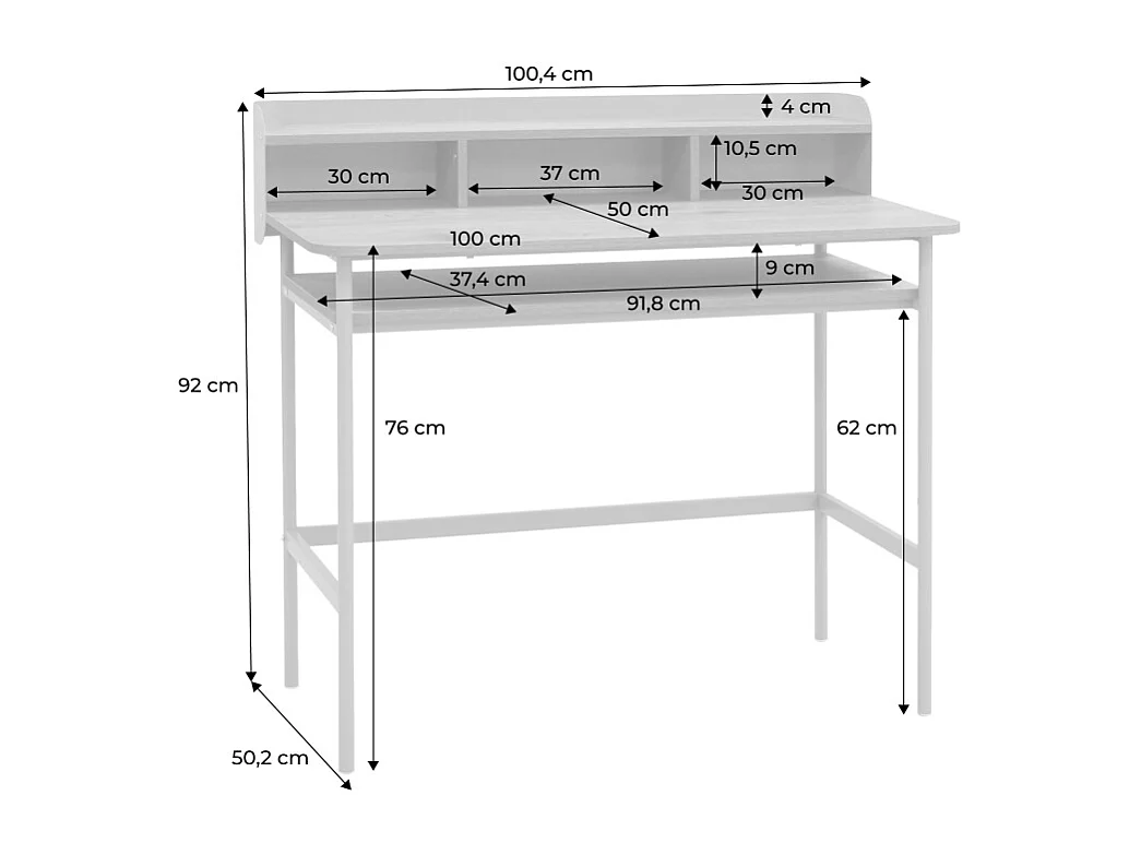 Escritorio de metal y decoración de madera con 3 nichos beige