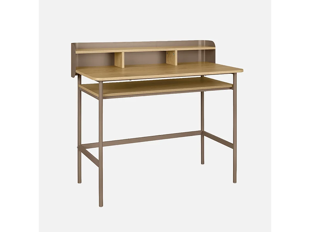 Escritorio de metal y decoración de madera con 3 nichos marrón