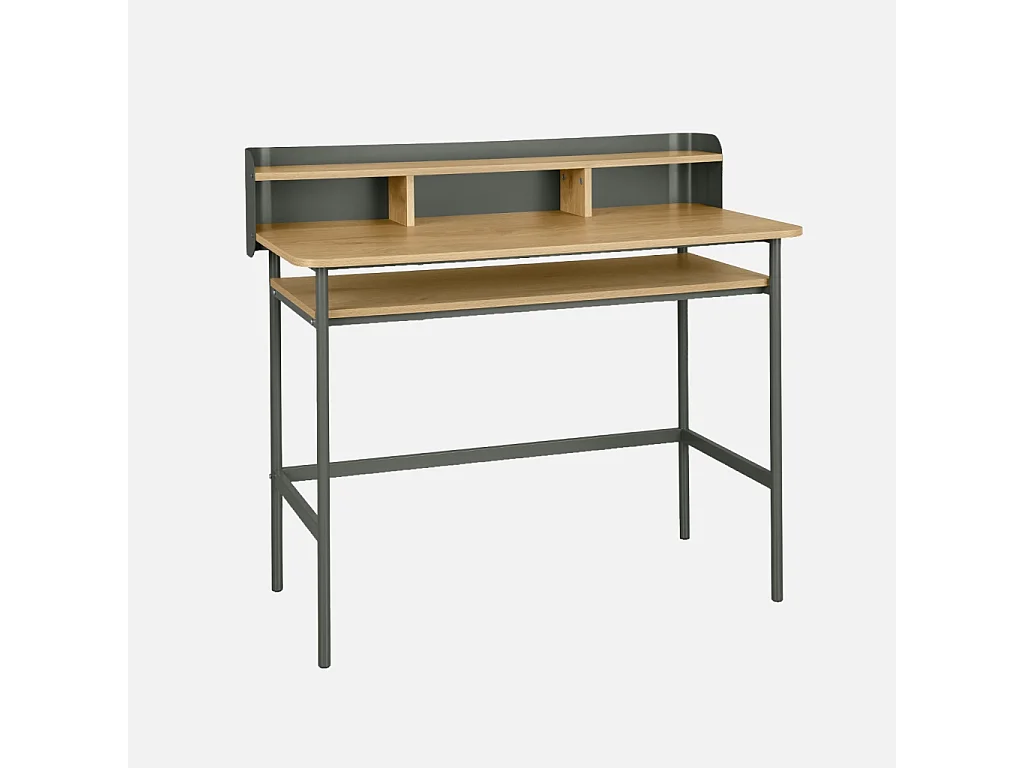 Escritorio de metal y decoración de madera con 3 nichos verde