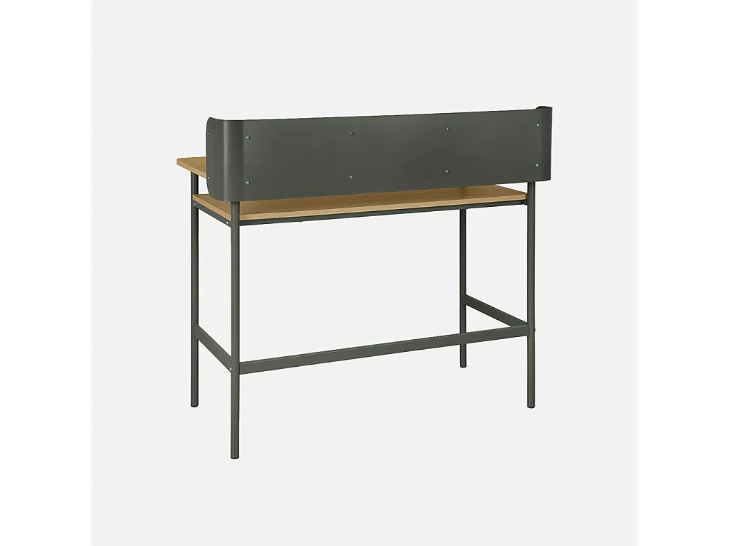 Escritorio de metal y decoración de madera con 3 nichos verde