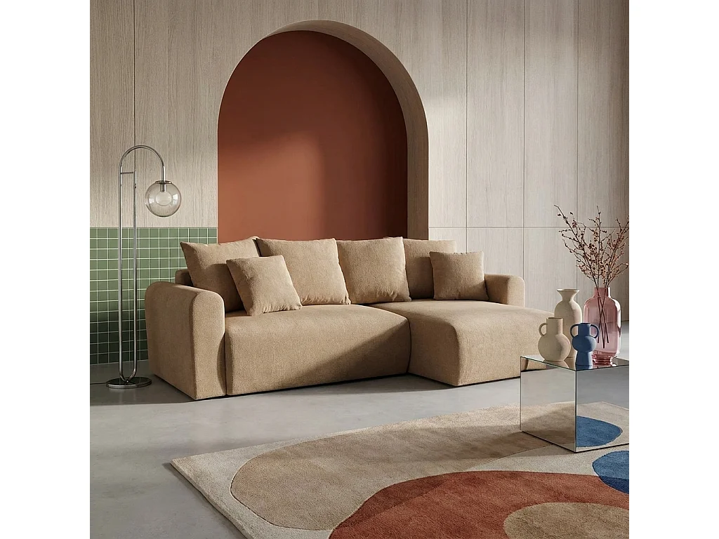 Canapé d'angle convertible réversible 3 places  tissu chenille avec coffre de rangement taupe - Almo