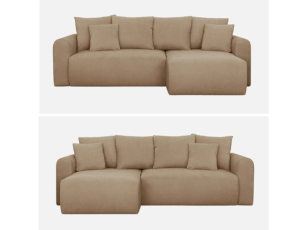 Canapé d'angle convertible 3 places réversible avec coffre en tissu chenille taupe ALMO