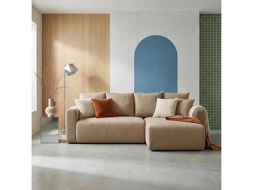 Canapé d'angle convertible 3 places réversible avec coffre en tissu chenille taupe ALMO