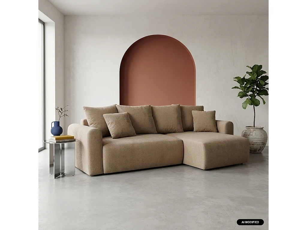 Canapé d'angle convertible 3 places réversible avec coffre en tissu chenille taupe ALMO