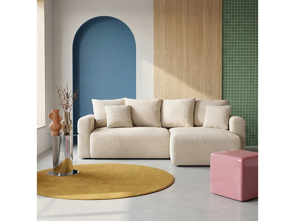 Canapé d'angle convertible réversible 3 places  tissu chenille avec coffre de rangement greige - Almo