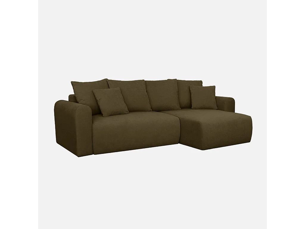 Canapé d'angle convertible réversible 3 places  tissu chenille avec coffre de rangement kaki - Almo