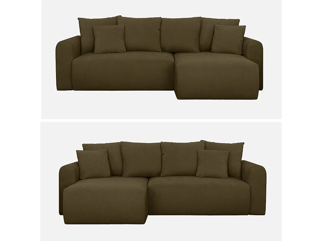 Canapé d'angle convertible réversible 3 places  tissu chenille avec coffre de rangement kaki - Almo