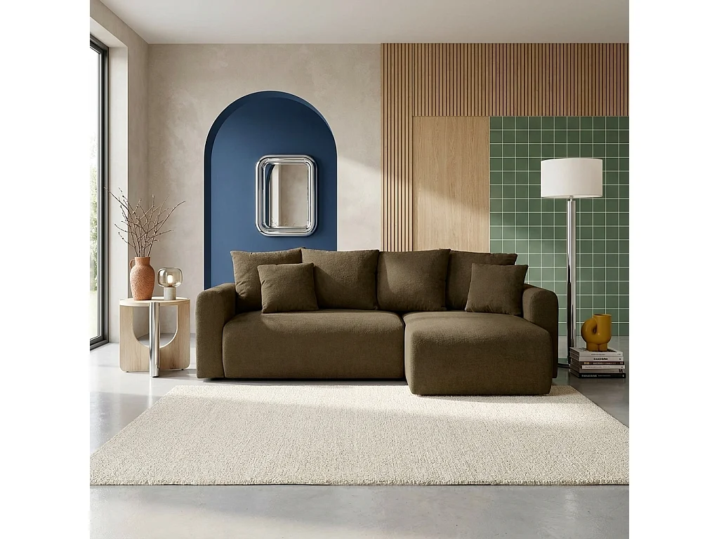 Canapé d'angle convertible réversible 3 places  tissu chenille avec coffre de rangement kaki - Almo