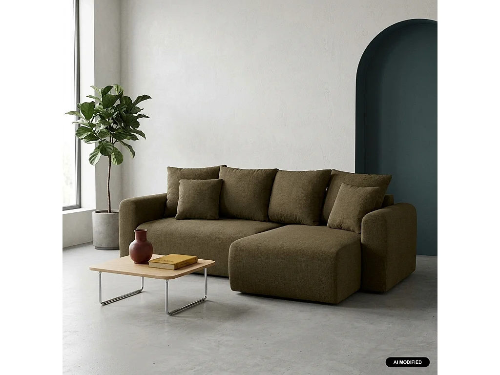 Canapé d'angle convertible 3 places réversible avec coffre en tissu chenille kaki ALMO