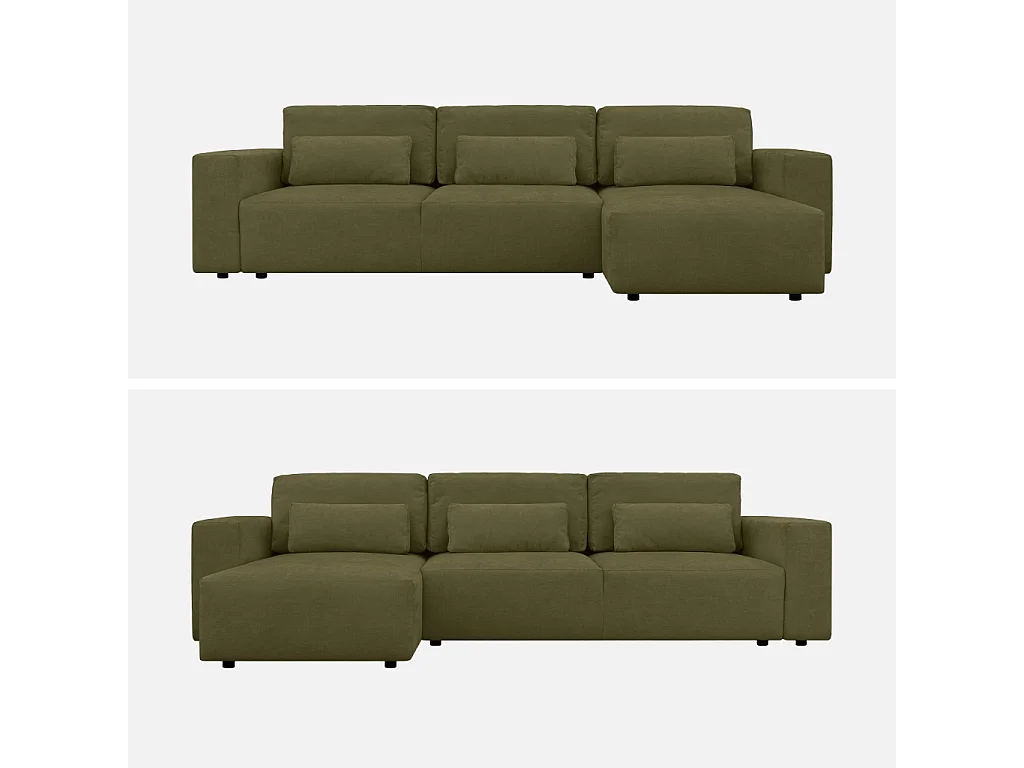 Canapé d'angle convertible 3 places réversible avec coffre en tissu chenille kaki THEO