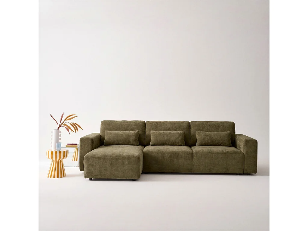 Canapé d'angle convertible 3 places réversible avec coffre en tissu chenille kaki THEO