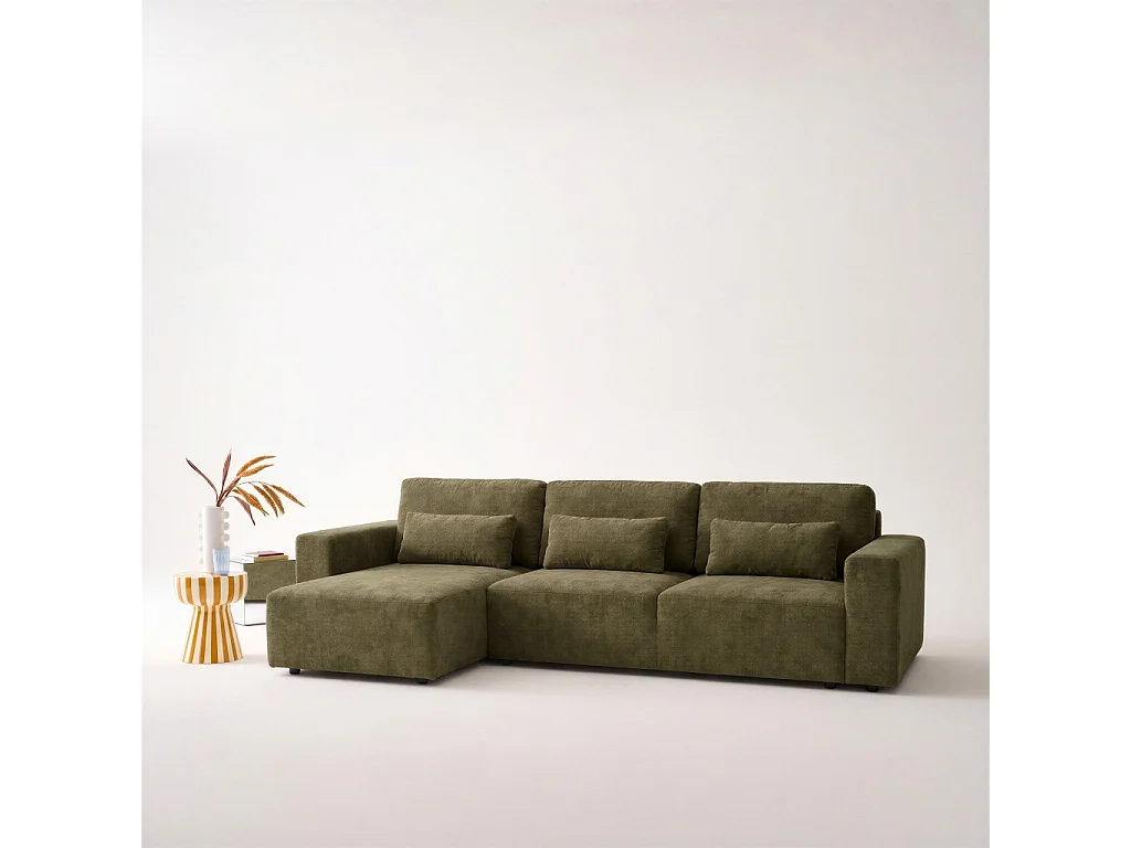 Canapé d'angle convertible 3 places réversible avec coffre en tissu chenille kaki THEO