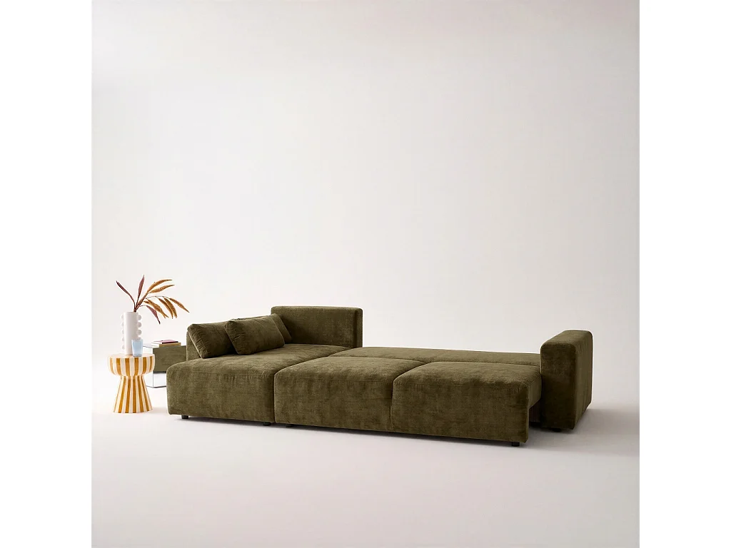 Canapé d'angle convertible 3 places réversible avec coffre en tissu chenille kaki THEO