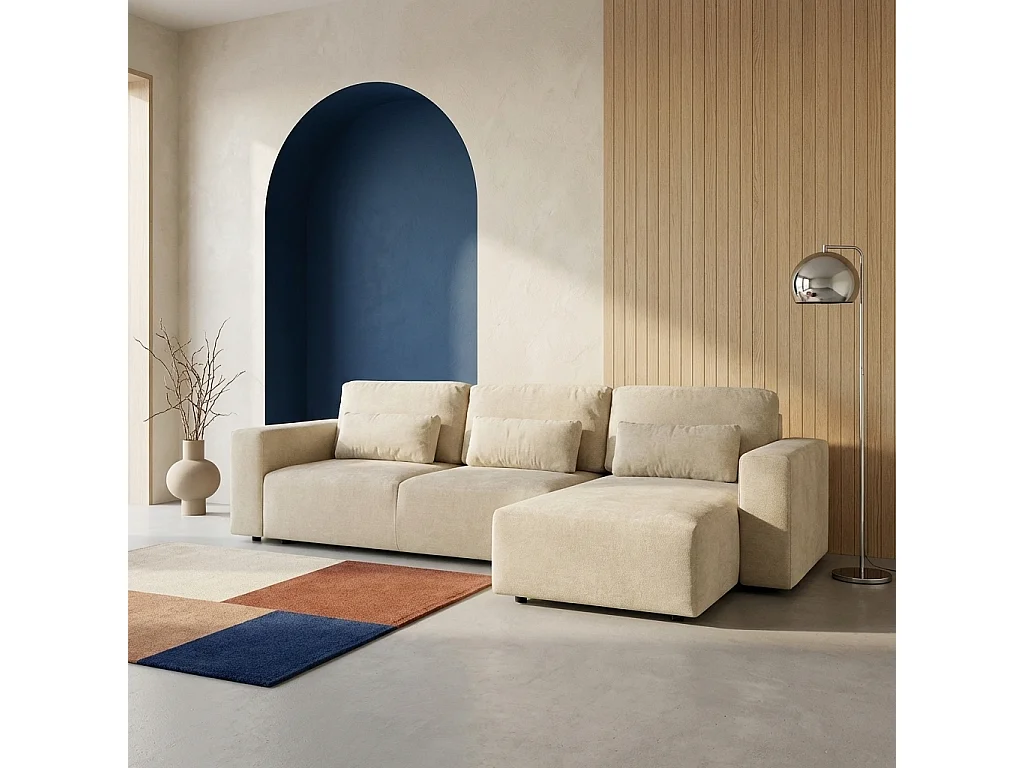 Canapé d'angle convertible réversible 3 places tissu chenille avec coffre de rangement beige - Theo