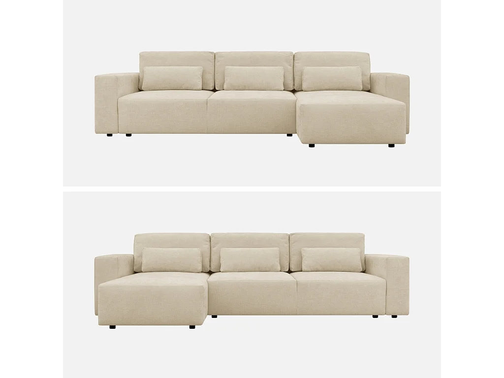 Canapé d'angle convertible 3 places réversible avec coffre en tissu chenille beige THEO