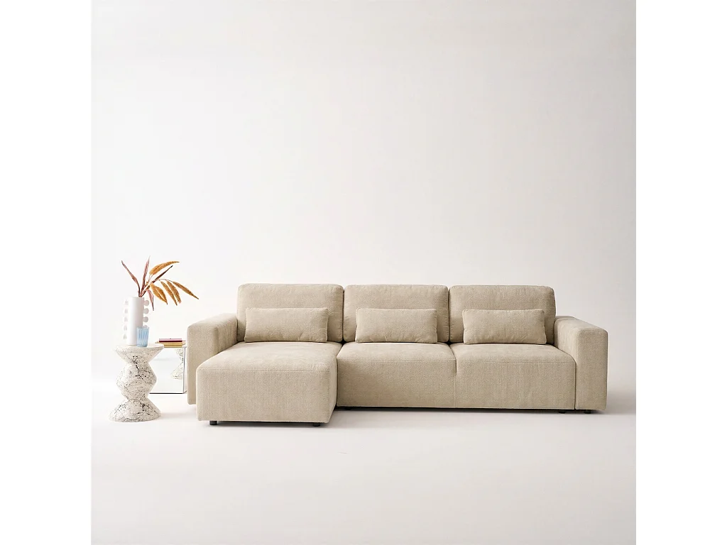 Canapé d'angle convertible 3 places réversible avec coffre en tissu chenille beige THEO
