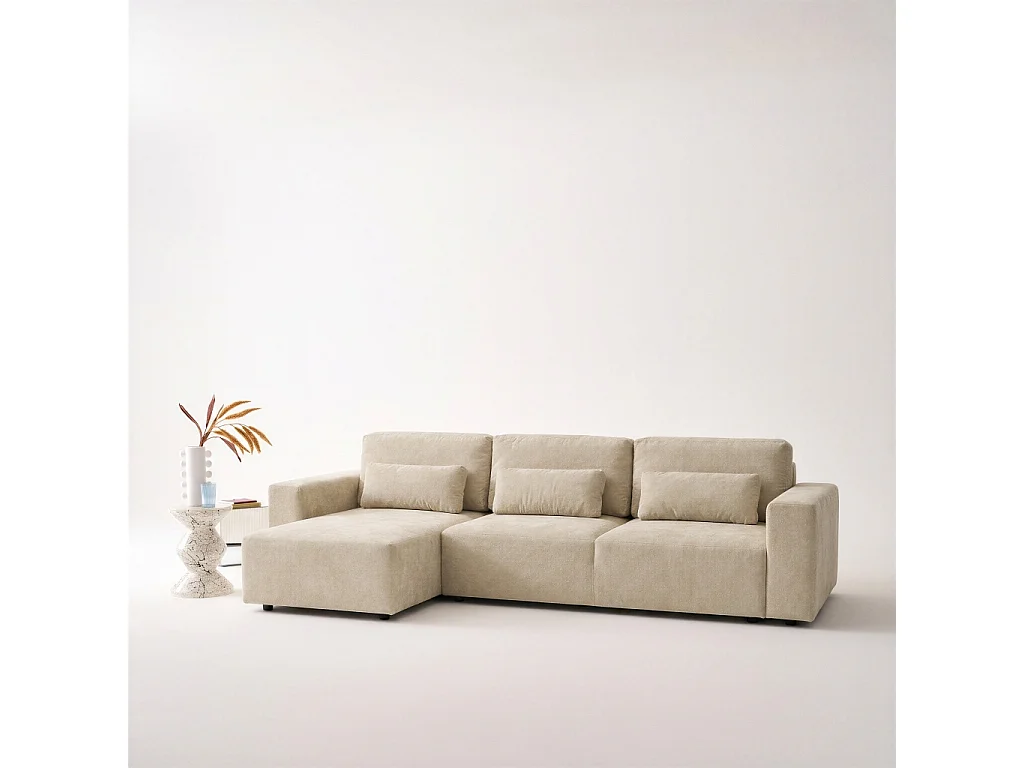Canapé d'angle convertible 3 places réversible avec coffre en tissu chenille beige THEO