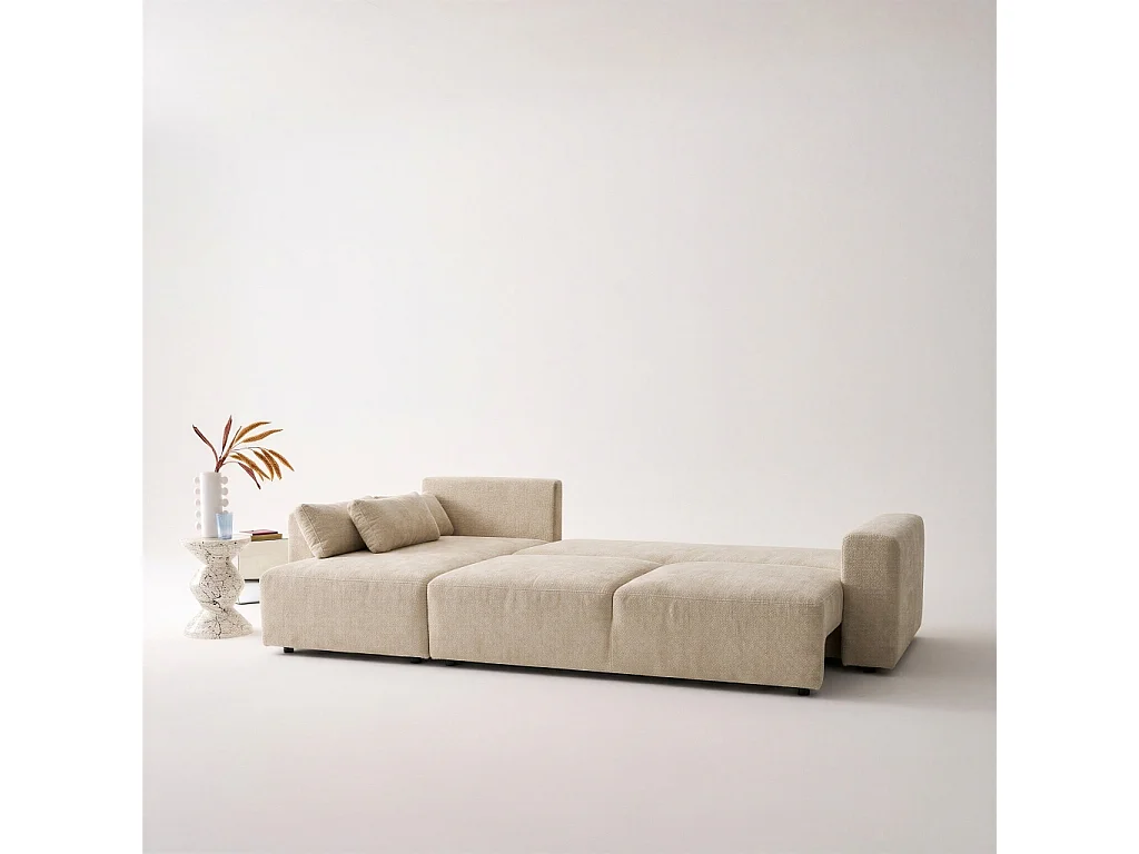 Canapé d'angle convertible 3 places réversible avec coffre en tissu chenille beige THEO
