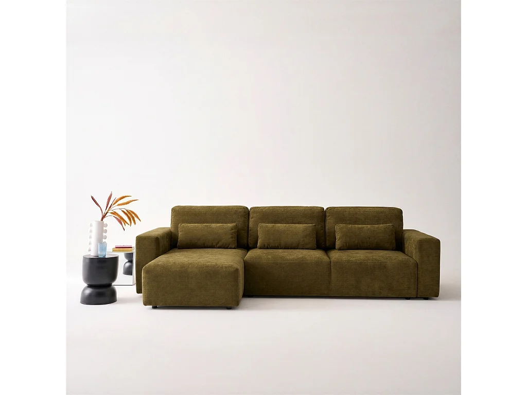 Canapé d'angle convertible 3 places réversible avec coffre en tissu chenille bronze THEO