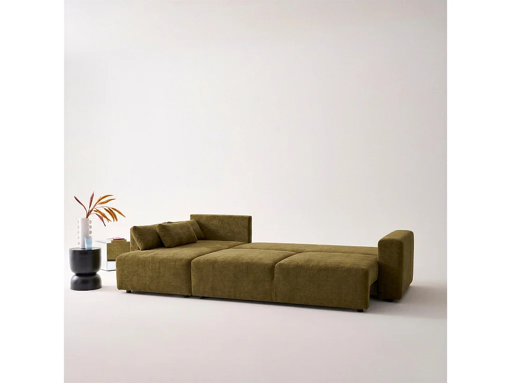 Canapé d'angle convertible 3 places réversible avec coffre en tissu chenille bronze THEO
